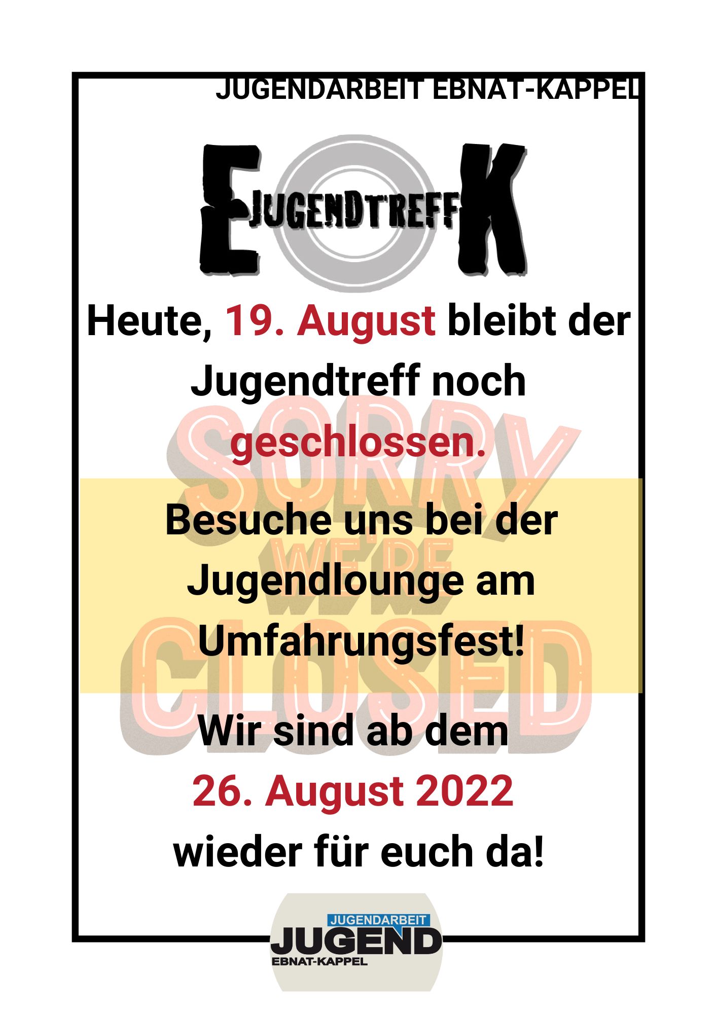 Mehr über den Artikel erfahren HEUTE NOCH KEIN JUGENDTREFF